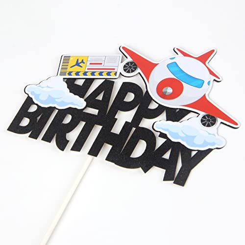Airplane Theme Happy Birthday Cake Topper, Boys Birthday Party Glitter Decorations, Air Vehicle / Airship / Glider Sign Cake Picks For Children Boys, Happy Birthday For Kids Party Supplies, Black #TOP1