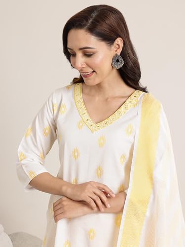 Image of Libas Woven Design Cotton Blend Straight Kurta With Salwar and Dupatta