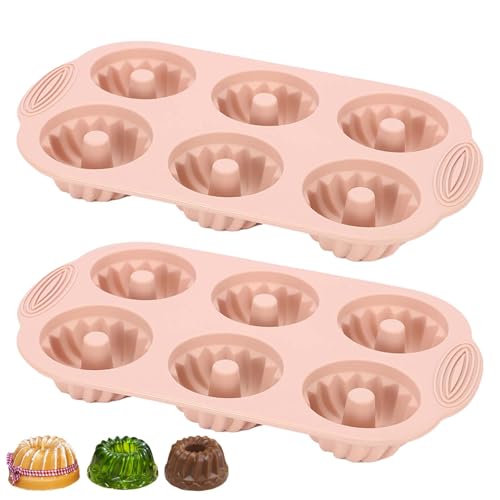 LGQUK Jello Molds 2pcs Silicone Fluted Tube Cake Pans, 6 Cavity Heritage Bundtlette Cake Silicone Mold for Baking Non Stick Fancy Molds (Pink)