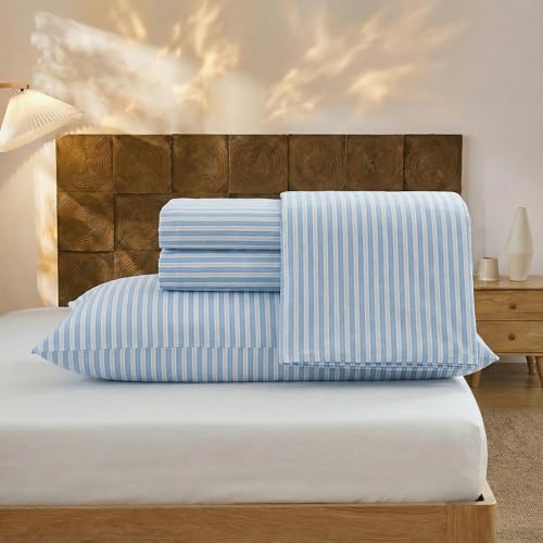 Image of Merryword Blue and White Striped Sheet Set King Size, 100% Cotton Fitted Sheet Set with Deep Pockets, Crisp Cool Feeling, Ribbon Stripes Design, 4-Piece All Season Bedding