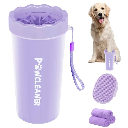Professional 7 in 1 Dog Paw Cleaner for Dogs & Cats - Includes 1 Portable Paw Washer, 1 Bath Brush, 2 Dog Toothbrushes and 3 Absorbent Towels Note: Fits Paws 2.5 to 3.5 Inches Wide (Large, Purple)