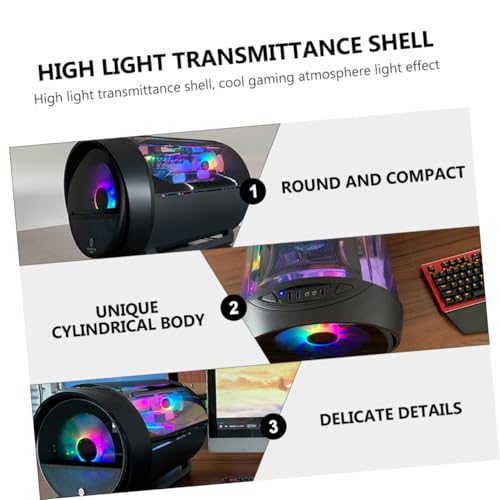 Gabinete circular transparente para computadora con enfriamiento por agua, diseño antivibración en acero negro compatible con placas madre ATX, pies estables para uso en escritorio para juegos y hogar miniatura 7