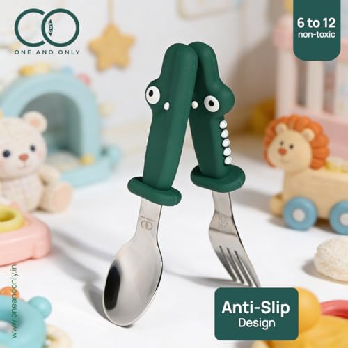 Image of Baby Spoon and Fork Set, Green Stainless Steel & Silicone Toddler Cutlery Set with Dinosaur Case, 2 Pc, Self Feeding Utensils for Baby Meals School and Travel, Mealtime Essential