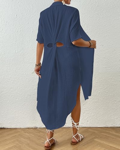 Bsubseach 2025 Cotton Beach Cover Up for Women - Long Button Down Swimsuit Coverup Bathing Suit Shirt Dress Vacation Outfits2