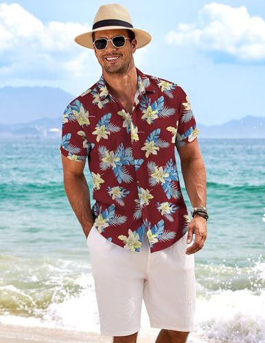 Image of COOFANDY Men's Linen Shirts Short Sleeve Casual Shirts Button Down Shirt for Men Beach Summer Wedding Shirt