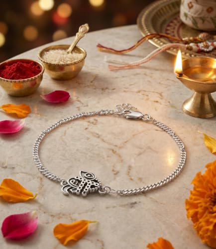 Image of Parnika 925 Pure 92.5 Sterling Silver Bro Floral Mor Pankh Flute Evil Eye Veera Shankh Rakhi Bracelet for Brother | Hallmarked Silver Raksha Bandhan Rakhi | Premium Adjustable Rakhi Gift