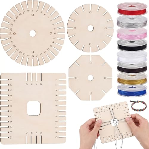 HuiLanYouSheng 12 Stück Holz Flechtplatte Kumihimo Kumihimo Flechtscheibe Knüpfstern Mit 8 Farben Nylonschnüren Für Armbänder Knüpfen DIY Handwerk Perlen Weben Set Geburtstag Und Festival Geschenke