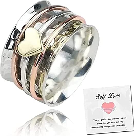 Self Love Fidget Rings for Women Hammered Heart Anxiety Relief Wide Band Ring Design Spinners Inspirational Rings Jewelry