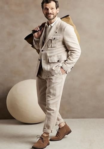 Men Linen Suit 3 Pieces Retro Beach Wedding Set Slim Fit Light Weight Blazer Jacket Vest & Pant Tux3