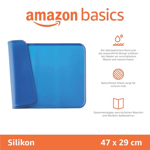 Amazon Basics Wasserabweisende Napfunterlage aus Silikon, Unterlage für Haustierfutter, 47 x 29 cm, Blau, Einzelbett