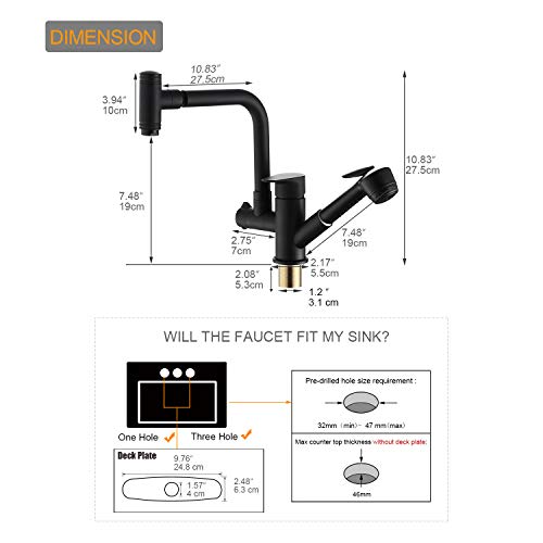Hoimpro Pull Down Kitchen Faucet, High-Arc Single Handle Rv Kitchen Sink Faucet with Pull Out Sprayer and 360 Degree Swivel Sprayer , 2 Spout Utility Water Faucet, Brass/Matte Black (1 & 3 Hole)