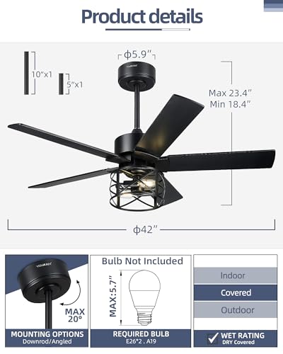 Image of YOUKAIN 42-Inch Farmhouse Ceiling Fan with Lights and Remote, Matte Black