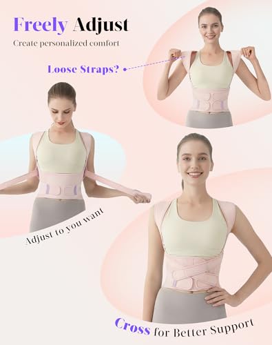 Image of Kepwaa Posture Corrector for Women and Men, 5 Full Back Support Brace Rods, Adjustable Shoulder Straightener, Relief for Upper and Lower Back, Neck, Lumbar, Scoliosis, Hump, Pink, Medium