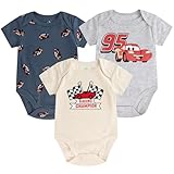 Disney Cars Lightning McQueen Baby Boys 3 Pack Bodysuit Creeper for Newborn and Infant