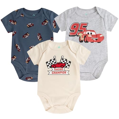 Image of Disney Cars Lightning McQueen Baby Boys 3 Pack Bodysuit Creeper for Newborn and Infant