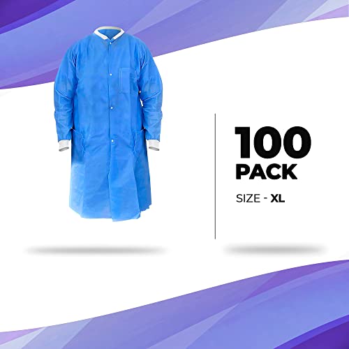 Amz Medical Supply Disposable Lab Coats X-Large, Blue Knee Length Lab Coat 100 Pack, Sms 40 Gsm Lab Coats, Labcoats Unisex, Breathable Lab Coats With Snaps, Knitted Cuffs And Collar, 3 Pockets #TOP1