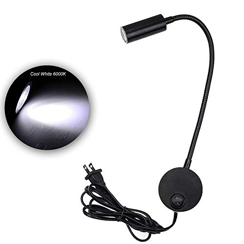 Ygapuzi 3W LED Bedside Reading Light Flexible Gooseneck Book Lamp Wall Mount Headboard Spotlight with Plug and On/off Switch for Working, Study, Art Display (Black Cool White)