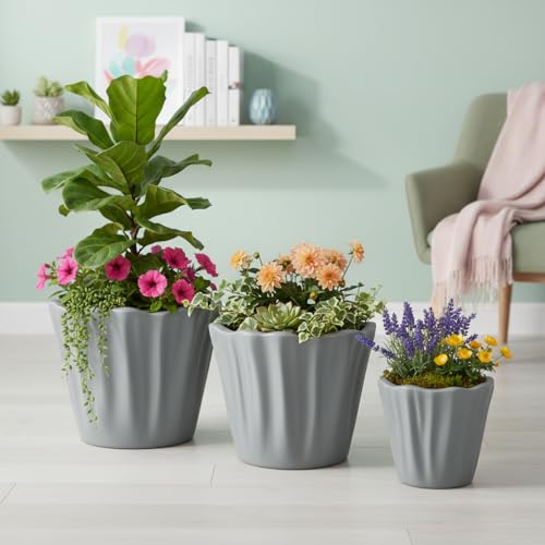 Xtore® Set of 3 Graceful Fluted Ceramic Planter for Indoor Plants & Tabletop Styling | Soft Grey Ribbed Pots for Living Room, Balcony & Office Décor - (Planters only)