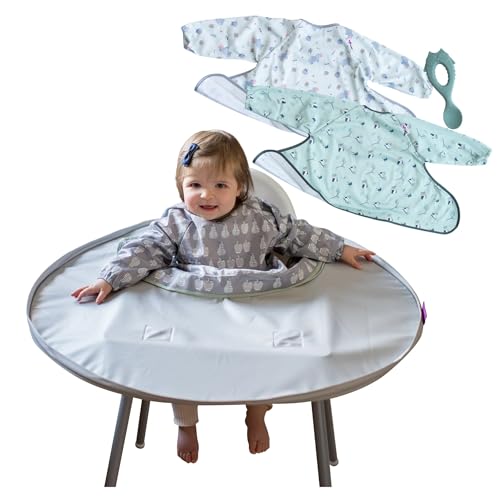 Tidy Tot Kit idéal pour la diversification. Inlcus 1 plateau, 3 bavoirs couvrant avec manches et 1 cuillère en silicone. Le kit se fixe au plateau de la chaise haute