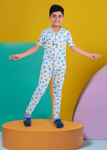 Image of 3BROS Unisex Pure Cotton Short Sleeve Kids Night Dress for Boys & Girls Nightwear /Sleepsuit /Sleepwear /Loungewear Night Suit for Boys and Girls Top and Pyjama Combo Set | JB20HS6031-Parent