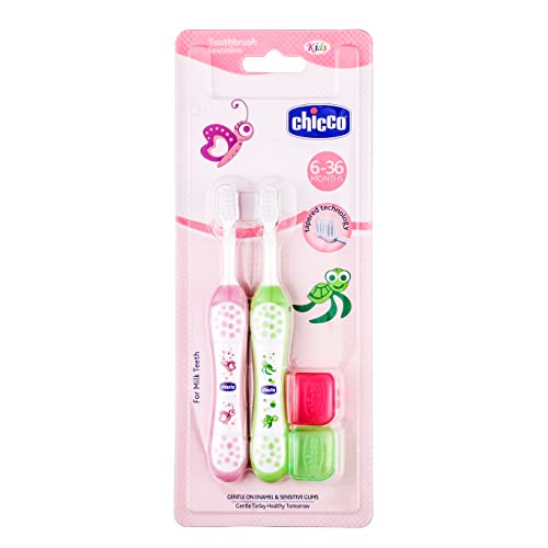 Image of Chicco Toothbrush Set Pink+Green 6M-36M, manual, Baby (Pack of 3)