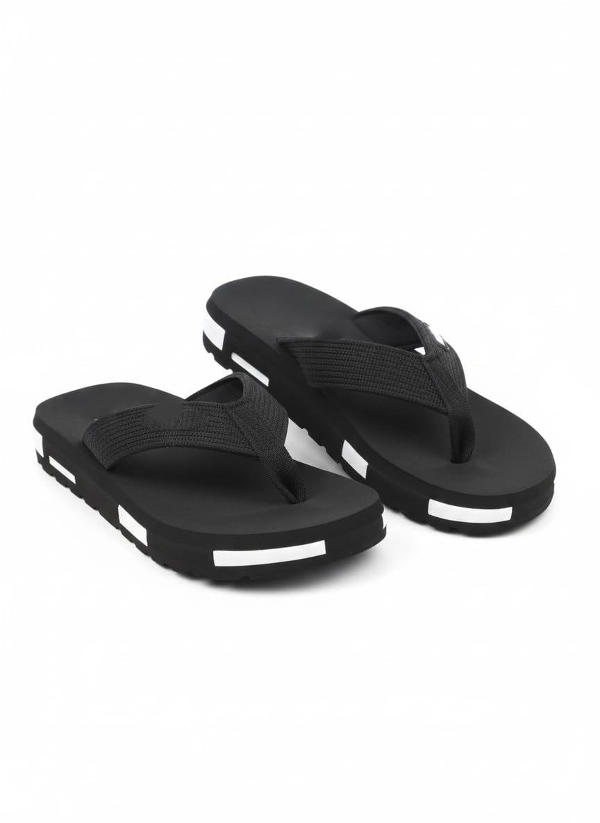 Men's Flip Flops with Fabric Straps, Black with White Striped Sole, Casual Beach Slippers, Thong Style-image-1