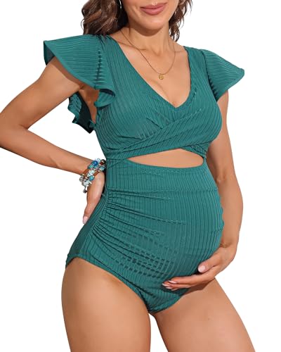 Charmo Maternity One Piece Swimsuit Ribbed Ruffled Tie Back Swimwear Ruched Cut Out Twist Pregnancy Bathing Suit Green M