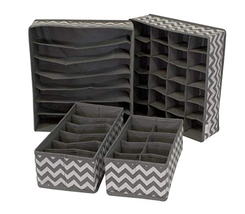 Image of Set of 4 Fabric Foldable Closet Drawer Dividers Wardrobe Under Bed Organizer for Clothes, Shoes, Undergarments, Bra, Socks Bra Tie Scarfs (Grey Wave)