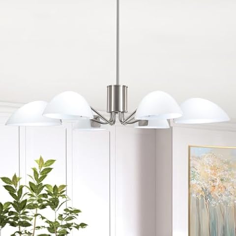 ALISADABOY Brushed Nickel Chandeliers with Milk Glass Shades 34.64'' Mid Century Dining Room Chandelier Modern 6 Light Pendant Light Fixtures Industrial Hanging Lamp for Entryway Foyer Kitchen Cover
