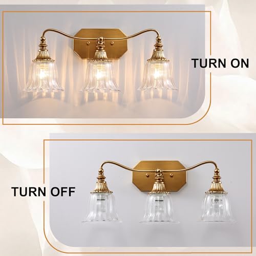 Image of LmnLvn Brushed Gold 3-Light Bathroom Light Fixture, Crystal Glass Shade