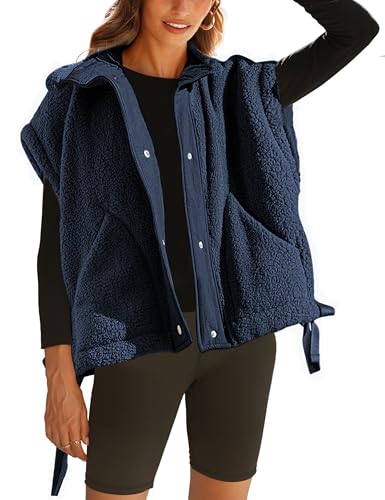 TAQCUX Sherpa Jacket for Women Casual Fleece Vest Oversized Sleeveless Outwear Warm Button Down Gilet with Pockets(Navy-M)