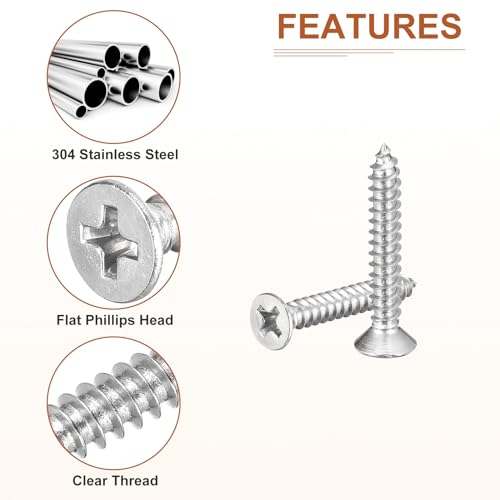 Image of DTGN 100Pcs #7x1 inch Flat Head Wood Screws, 304 Stainless Steel Phillips Self Tapping Screws - Good for Woodworking, Furniture - Silver