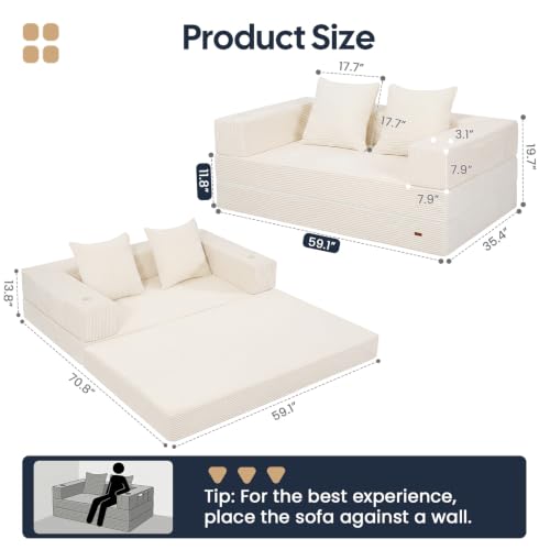 Image of COMAX Futon Sofa Bed, Convertible Sofa Bed, Folding Boneless Couches | Boneless Couch for living room, 4‑in‑1 Fold Out Small Foldable Loveseat Floor Sleeper Mattress Lounge Space‑Saving, Beige