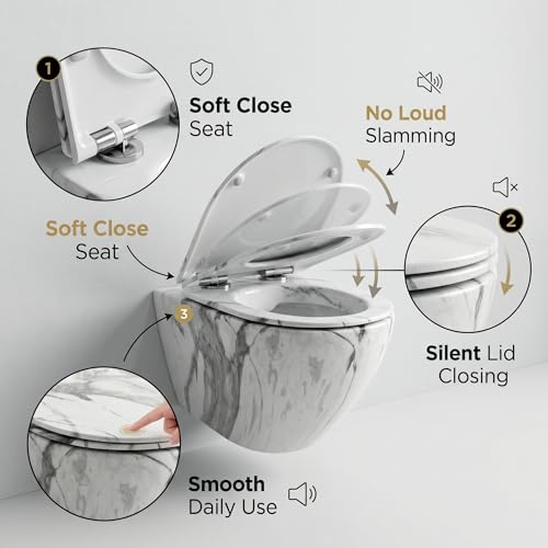Image of InArt Rimless Ceramic Wall Hung Western Toilet for Bathroom | Wall Mount Commode /EWC /WC /European Water Closet with P-Trap Wall Outlet & Soft Close Seat Cover, White Marble Color