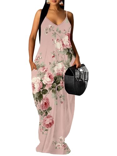 Image of Women Spaghetti Strap Maxi Dress with Pockets | Soft fabric relaxed fit sleeveless v neck with pockets for party and daily wear