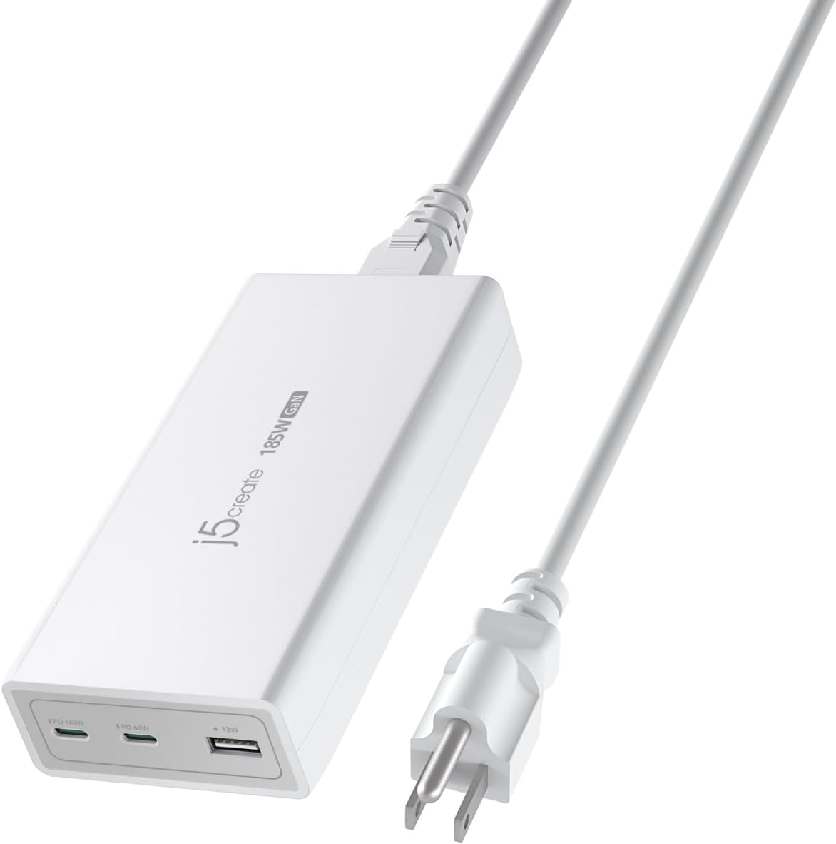 j5create 185W GaN USB-C/A 3-Port Laptop Super Charger w/Power Delivery 3.1, Supports MacBook Pro MagSafe 140W, Power and Charge Laptops/Tablets/Phones/Game Consoles (JUP37185W)