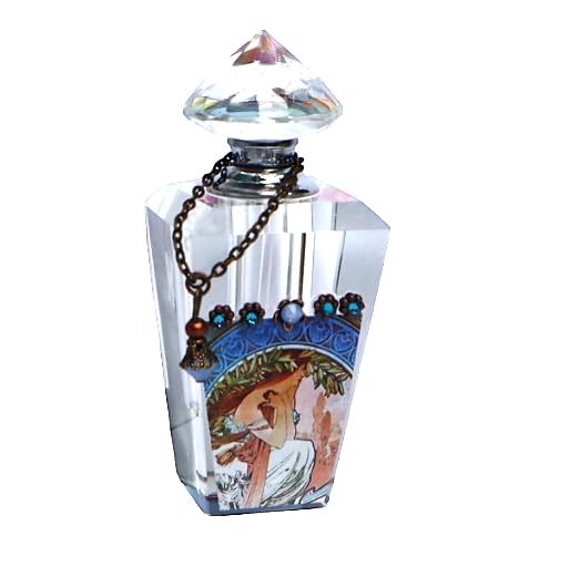 Romantic Bedroom Vanity Decor Vintage Style Alphonse Mucha Art Nouveau Small Glass Perfume Bottle with Dauber Stick Velvet Bottom Crystal Rhinestones Gift for Her Women