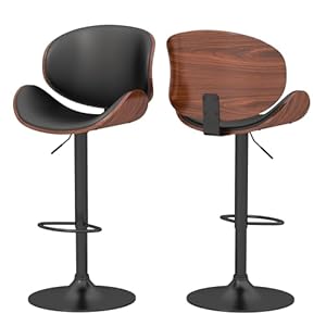 Adjustable Swivel Bar Stools Set of 2, Modern Bentwood Barstool with Large Metal Base and Footrest, PU Leather Upholstered Bar Chair with Curved Back for Kitchen Island Dining Room, Black