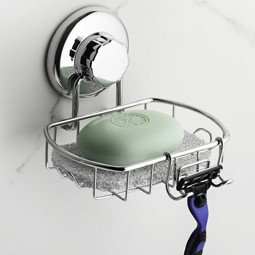 HASKO Suction Cup Soap Dish for Shower Wall Rustproof Stainless Steel Shower Soap Holder for Bathroom with Hooks and Soap Saver Includes Optional No Drill Adhesive Mount Silver