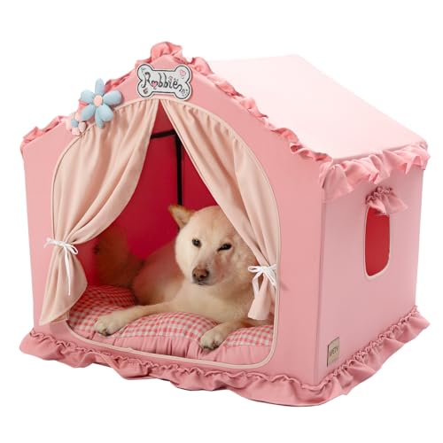 Jiupety Cuccia per cani per interni con telaio, lavabile, pieghevole, cuccia per cani, cuccia per cani, cuccia interna e ventilabile, con tetto per 9 – 18 kg, misura L 64 x 64 x 64 cm, rosa