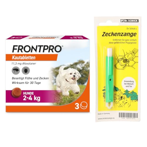 FRONTPRO Kautabletten für Hunde 2-4kg gegen Zecken und Flöhe mit Zeckenzange: Schutz für 30 Tage