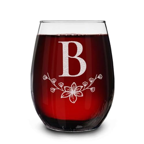 Personalized Floral Monogram Stemless Wine Glass (15oz)