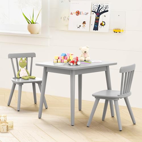 Curipeer Windsor Kids Table and 2 Chair Set, Rubberwood Toddler Table and Chair Set for Art, Play, Craft, Activity, Children Table with Non-Slip Legs/Round Edge Design, Gray - Thumbnail 2