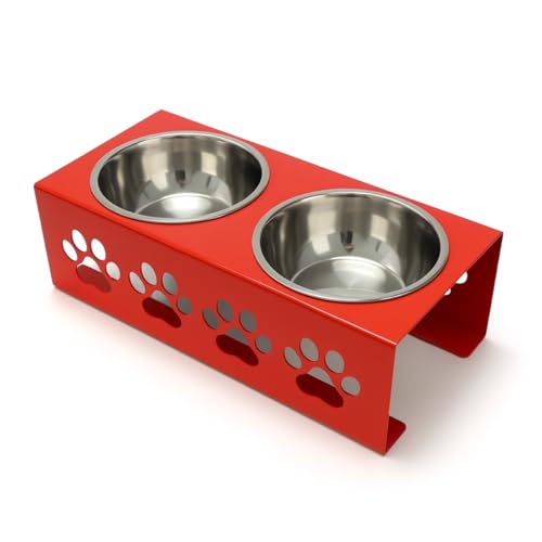 Image of Metal Red Stylish Dog Bowl Stand | 2 Stainless Steel Bowls for Raised Dogs & Cats | Elevated Dog Food Removable Bowls | Pet Feeder & Water Dispenser for All Breeds Paw Design (Set of 2, Each 1600ml)