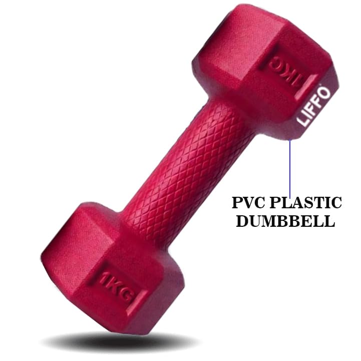 Image of Liffo Dumbbell 1Kg Pair Hexa PVC Dumbbells Set For Home Gym, Exercise & Fitness Dumbbell (Red) Fixed Weight Dumbbell Home And Gym Use (1Kg X 2PCS)