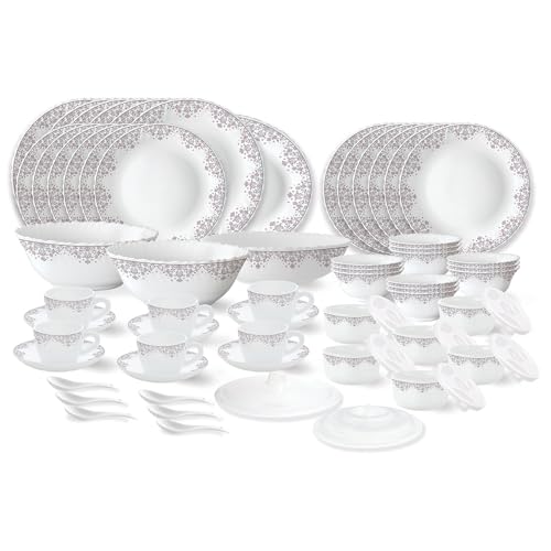Larah by Borosil Lark Fluted Series Opalware Dinner Set | 66 Pieces for Family of 6 | Microwave & Dishwasher Safe | Bone-Ash Free | Crockery Set for Dining & Gifting | Plates & Bowls | White (B0C7MHLHMV) Amazon Price History, Amazon Price Tracker