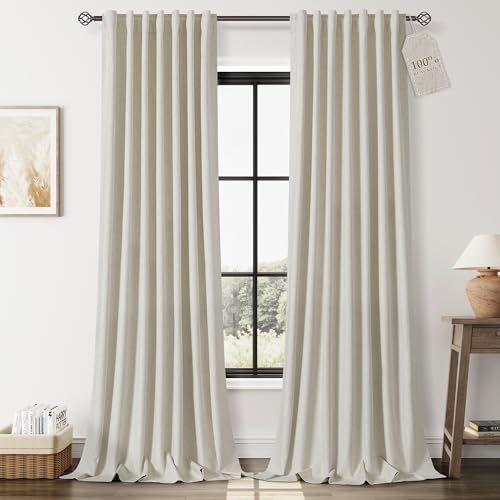 Image of Nanspring Light Beige 100% Blackout Linen Curtains 96 Inches Long for Bedroom Back Tab Room Darkening Black Out Curtain Modern Farmhouse Decor Neutral Luxury Drapes for Living Room 52x96,2 Panels
