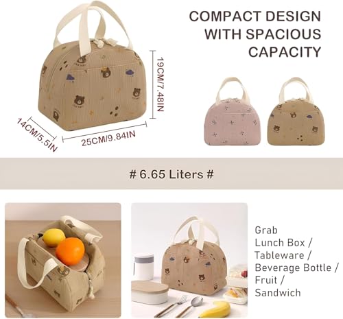 Image of SVH Reusable Insulated Lunch Tote for Women & Kids | Corduroy Large Lunch Bag with Front Storage Pocket, Durable Handles & Smooth Zipper for Office & School (Corduroy Bear Brown)