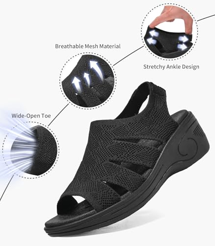 Image of Womens Wedge Sandals Platform Walking Sandals Open Toe Ankle Elastic Strap Casual Comfortable Summer Dressy