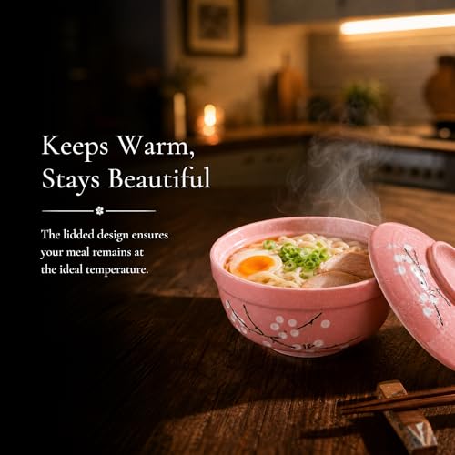 Image of Goaste 2 Pack Ceramic Ramen Noodle Bowl, 27 OZ Big Ramen Bowl with Lid, Japanese Hand-Painted Ceramic Tableware, Durable Floral Soup Bowl for Noodles, Porridge, Rice, Dishwasher Safe(Pink, Cyan Blue)